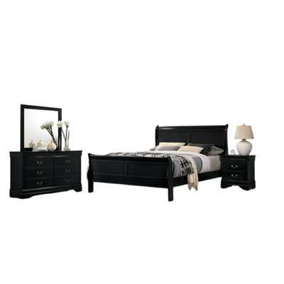 Ryla 4Pc Queen Bedroom Set With Nightstand, Dresser, Mirror In Classic Black