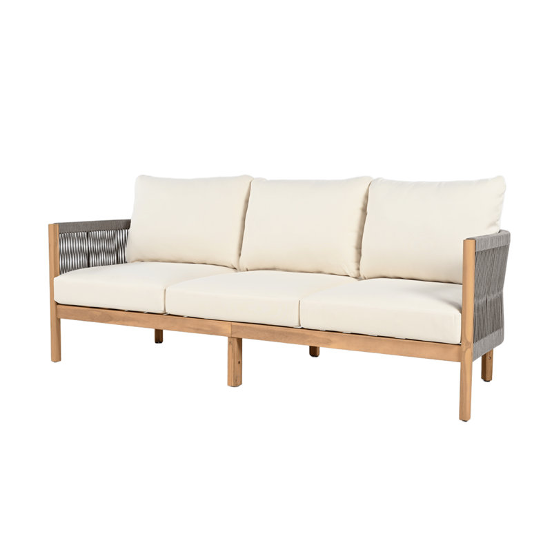 Harrill Outdoor 3-Seater Acacia Wood Sofa With Cushions, Teak/Gray