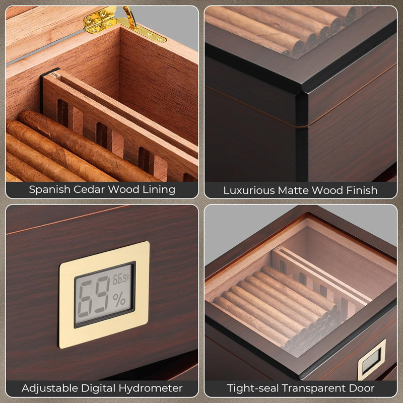 Reddish Brown Cedar Humidor Box with Glass Top and Hygrometer