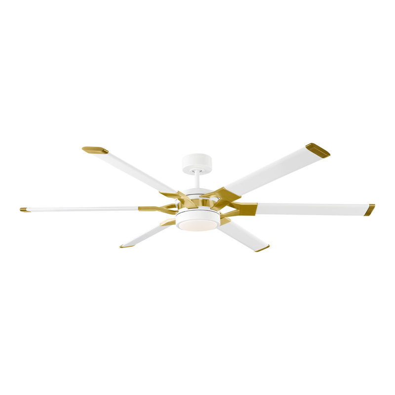 LED Downrod Ceiling Fan, 62 inches, Matte White/Burnished Brass with White Blades