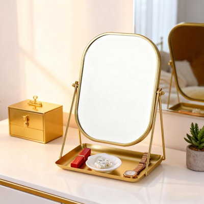 Miroir de maquillage rotatif à 360 degrés avec rangement, miroir de coiffeuse pour bureau, salle de bain, chambre à coucher, coiffeuse (doré)