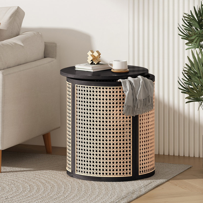 15.70" Round Rattan Woven End Table, Black/Natural