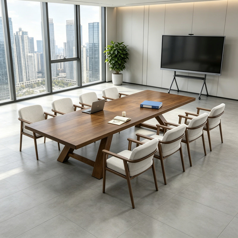 Table de conférence simple en bois massif brun-noisette, 29.5" H x 110.24" L x 47.2" W