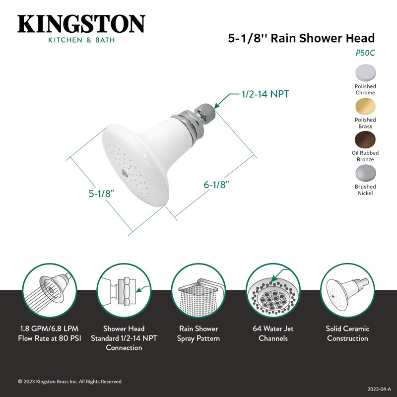 Pomme de douche ronde en céramique Kingston, Chrome poli