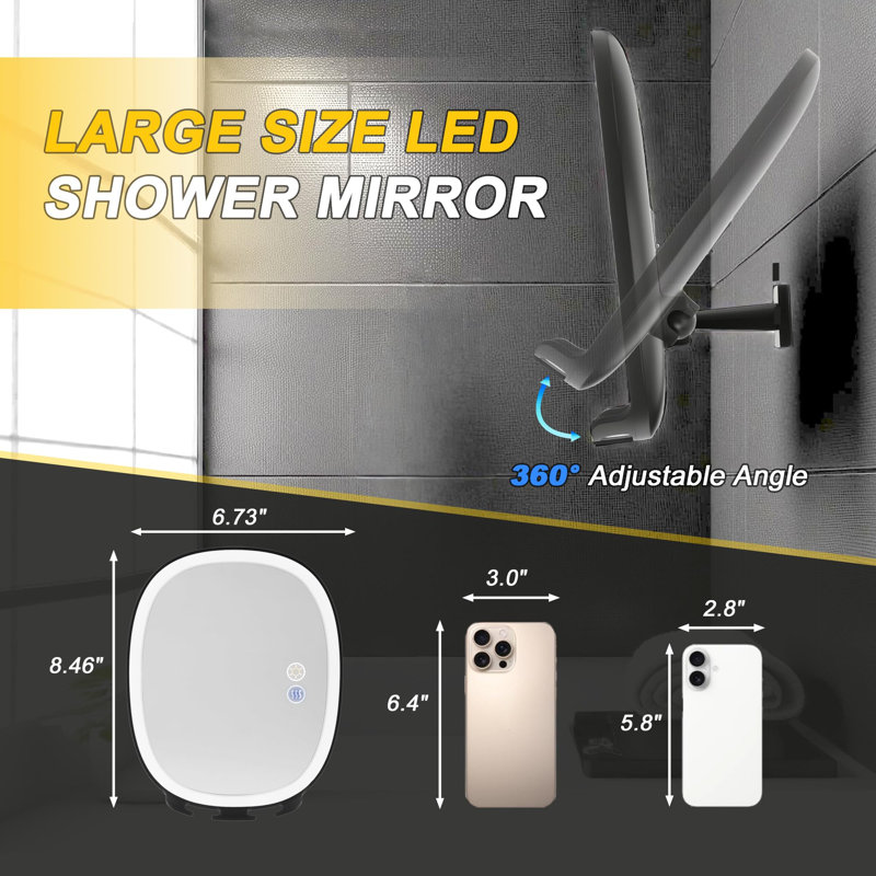 Miroir de douche sans brouillard pour le rasage et le maquillage, 3 couleurs DEL, 5000 mAh