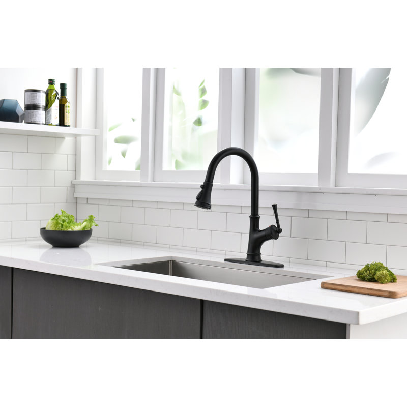 Robinet de cuisine rétractable à poignée simple avec douchette et plaque de pont, Noir mat