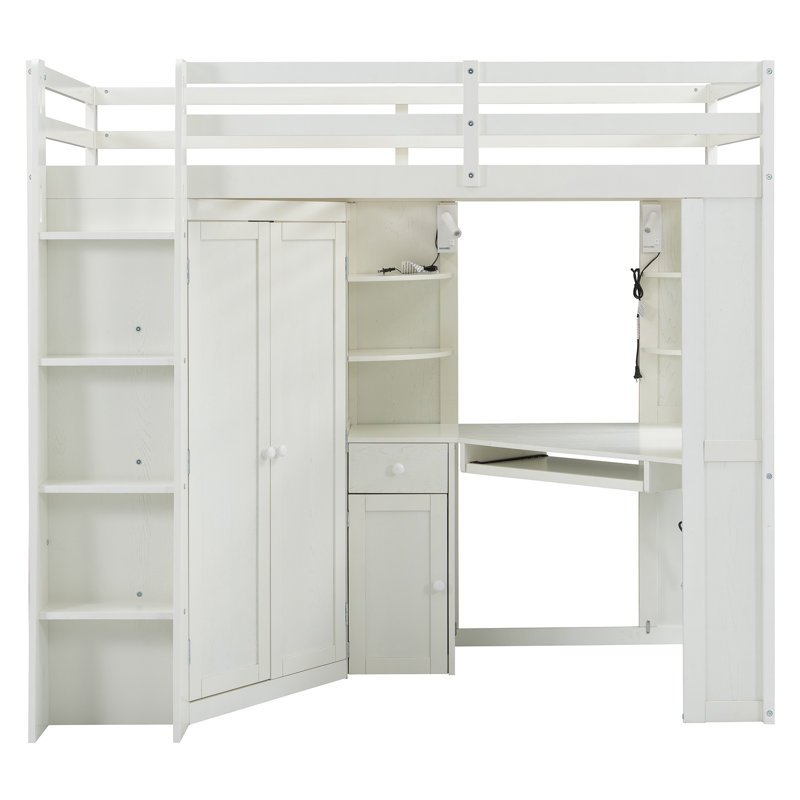 Lit mezzanine double gain de place avec grande armoire, design en bois pour usage domestique