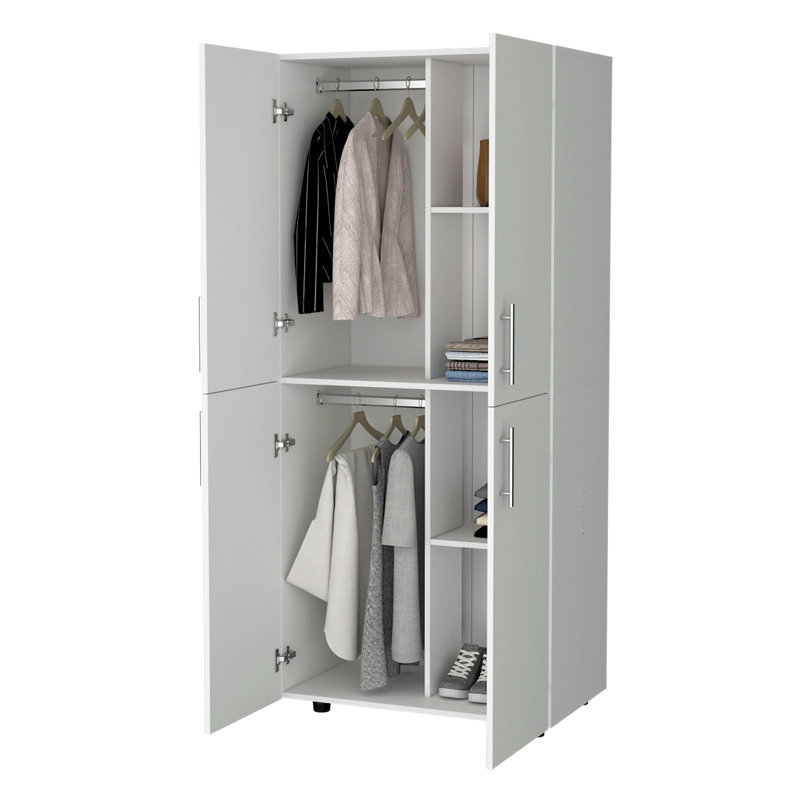 Armoire en mélamine avec 2 portes, 4 tablettes et 2 barres à vêtements, Blanc