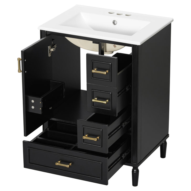 Meuble-lavabo moderne 24 po avec lavabo en céramique, porte à fermeture douce, 3 tiroirs, poignées dorées et support de rangement | Idée cadeau
