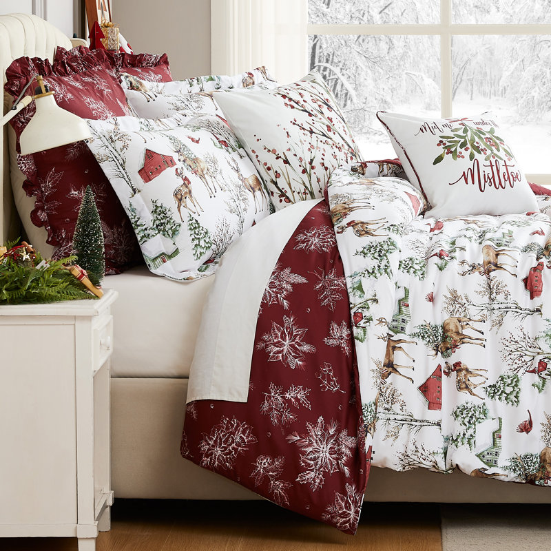 Southshore Fine Linens White Christmas Reversible Comforter Bedding Set, 7-Piece with 1 Comforter, 2 King Shams, 2 Euro Shams, 1 Throw Pillow and 1 Pillow Cover, King/California King