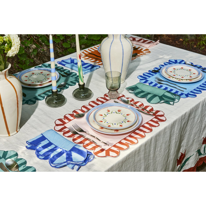 Embroidered Linen Scalloped Stripe Double-Sided Placemats, Blue