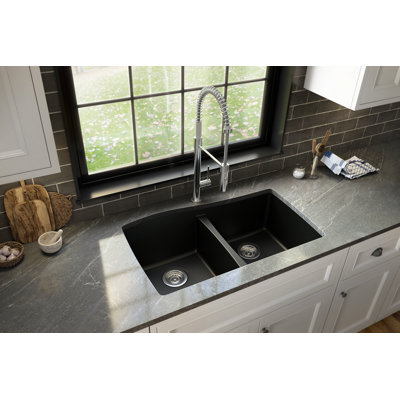 Karran Undermount Quartz Composite 33-1/2'' X 20-3/8'' 50/50 Double Bowl Kitchen Sink -  QU-720-BL