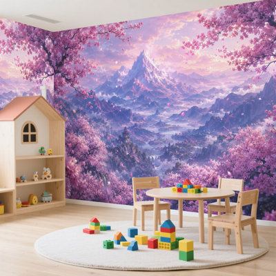 Papier peint adhésif auto-adhésif moderne pour la chambre à coucher avec paysage de montagne Cherry Blossom