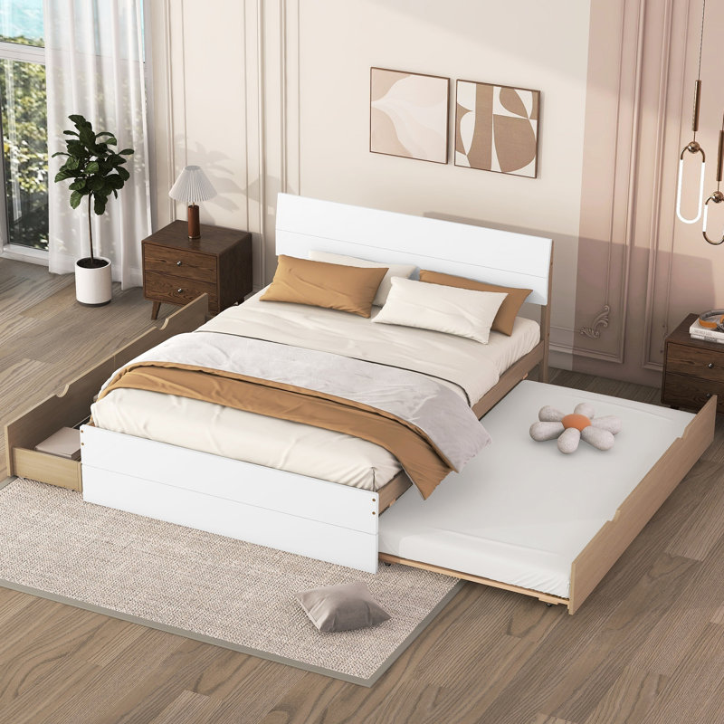 Modern Full Bed With Twin Trundle And 2 Drawers In White Gloss Appearance. Materials. Elegant Style. Space Concept. Simple Assembly Size Convenient Storage Oak