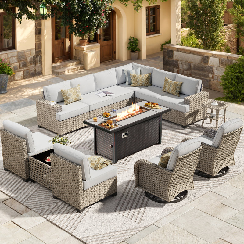 10 - Person Patio Furniture Set with Swivel Rockers, Outdoor Wicker Rattan Sectional Seating Group with Cushions, All Weather Sofa Conversation Set with Fire Pit Table for Garden Backyard