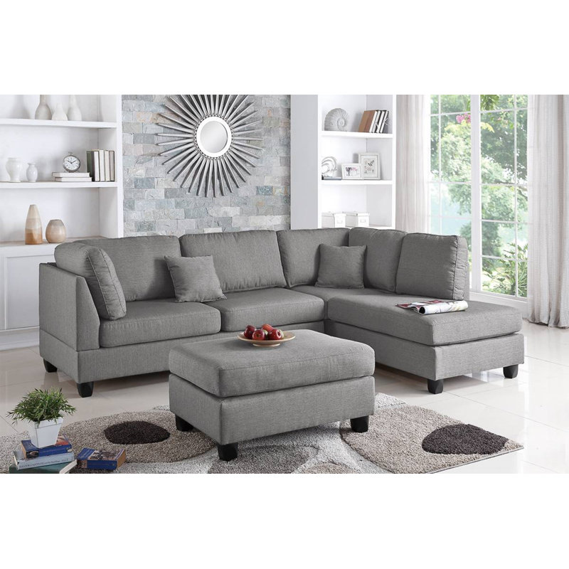 Trusha Upholstered L-Shaped Sectional Reversible, Gray Polyester Blend