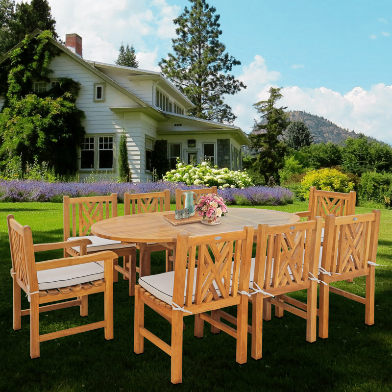 9 - Person Teak Wood Patio Dining Set with Round Table , Cushions Included