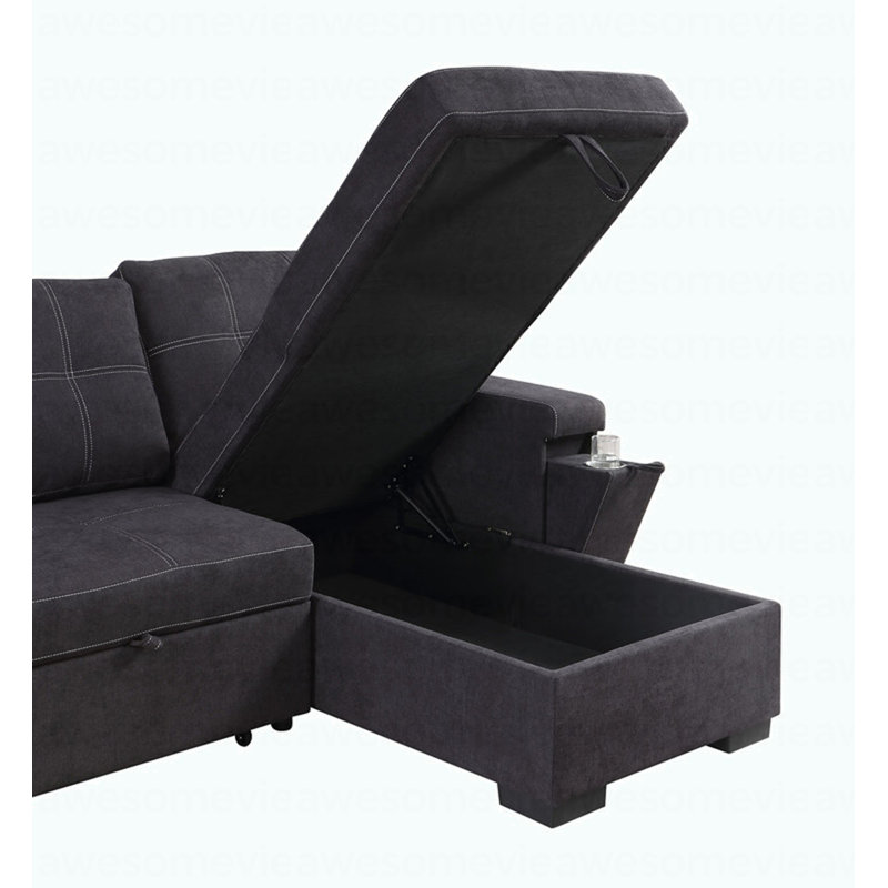 95"W Black Woven Fabric Reversible Sleeper Sectional Sofa With Storage Chaise Cup Holder Charging Ports And Pockets