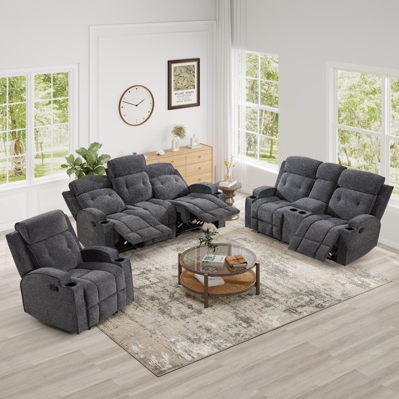 3-Piece Modern Manual Reclining Living Room Set With Overstuffed Recliner Chair, Loveseat With Storage Console And 3-Seat Sofa With Fixed Center