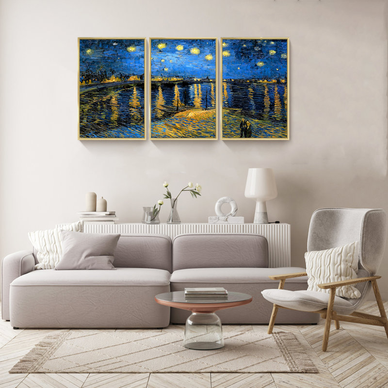«Van Gogh Wall Art» par Vincent Van Gogh, ensemble de 3 reproductions d'art sur toile encadrées, Or