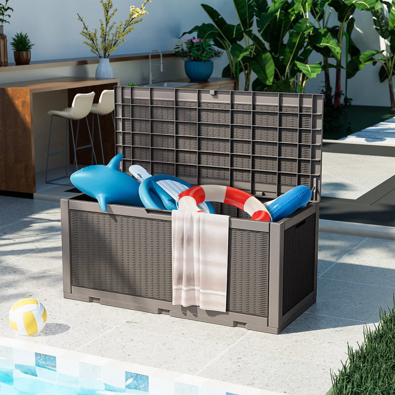 Tan Lockable Plastic 100 Gallon Deck Storage Box Bench
