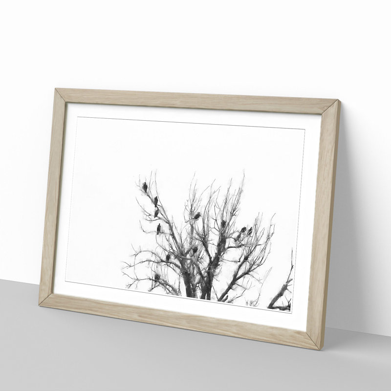 Birds In The Trees Painting - Single Picture Frame Print on MDF, 62cm H x 87cm W x 2cm D, Oak