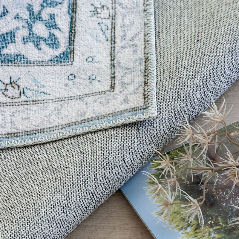 Blue Vintage Distressed Washable 9' x 12' Synthetic Rug