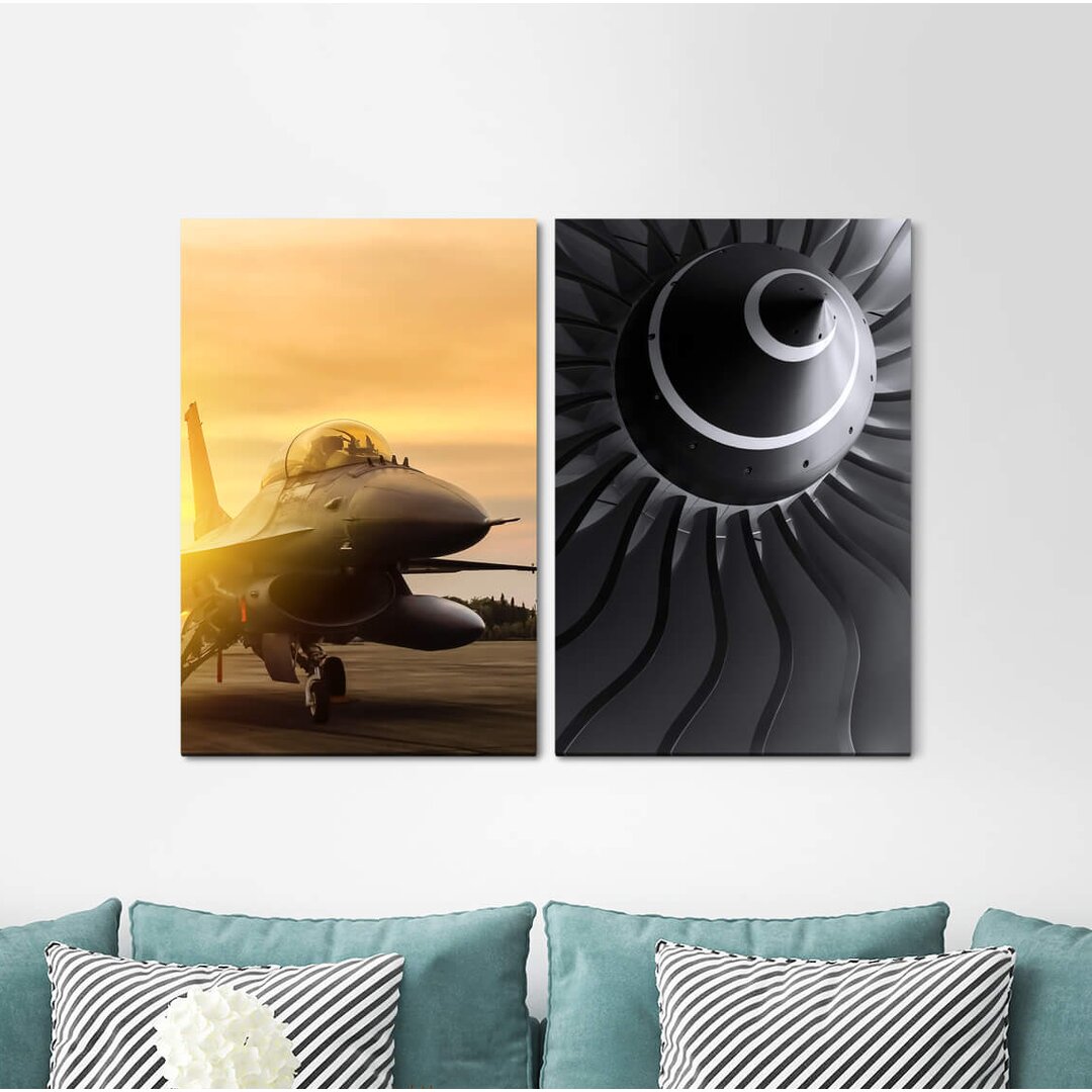 2-tlg. Leinwandbilder-Set Fighter Plane Turbine Fighter Plane F16 Falcon Military Power Sound Barrier