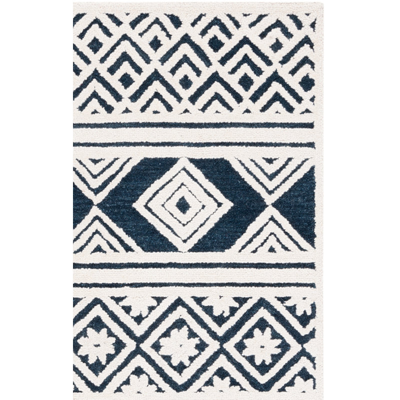 Brizendine Hand Tufted Wool/Cotton Striped Rug in Ivory/Blue, Rectangle 5' x 8'