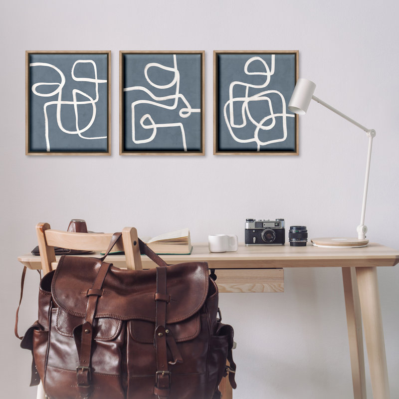  «Squiggles on Gray», ensemble de 3 toiles flottantes encadrées par Nina Blue, H 21 po x l 17 po