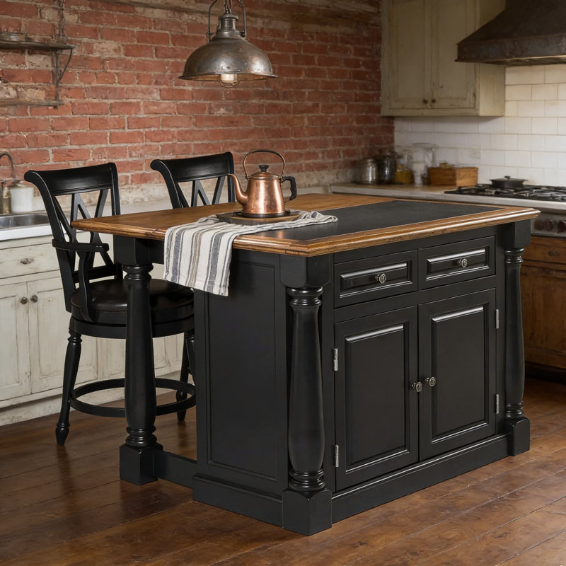 Îlot de cuisine avec comptoir en granit, finition chêne vieilli, tiroirs de rangement et armoire, barre de petit-déjeuner extensible, largeur de 48 pouces