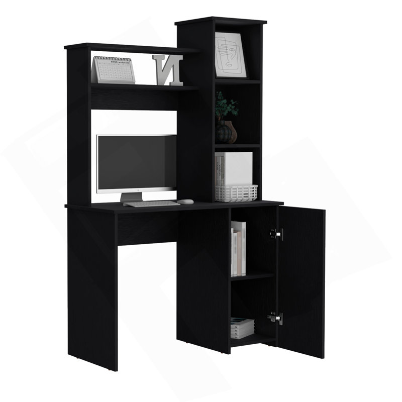 Bureau d'ordinateur Carson avec huche, armoire à une porte, grande surface de travail et tablettes de rangement à 3 niveaux
