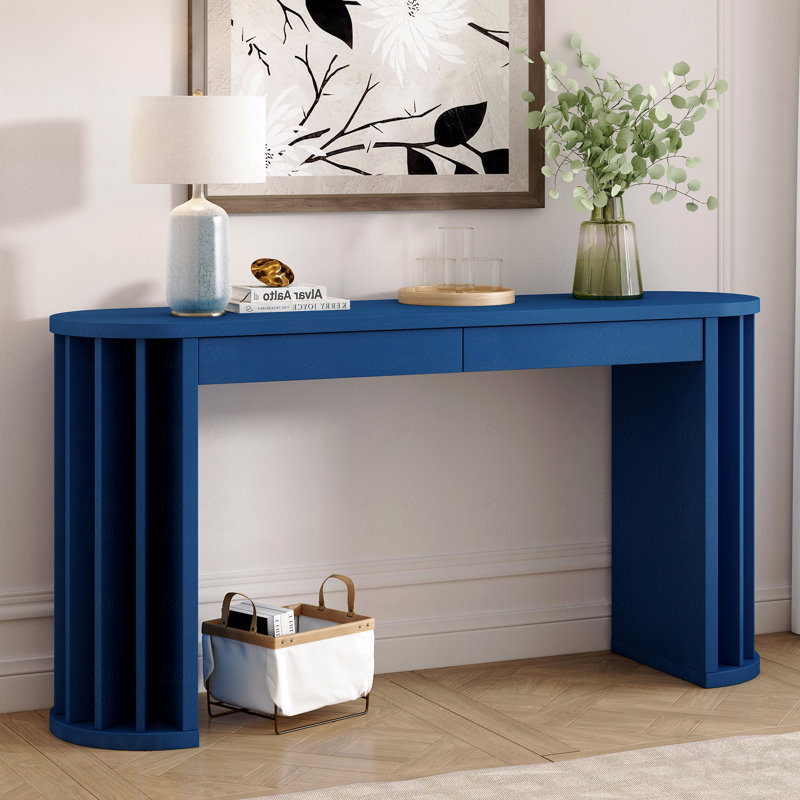 59" Farmhouse Entryway Console Table With Oak Veneer - Curved Straight Line Design Long Sofa Table Behind Couch, Blue