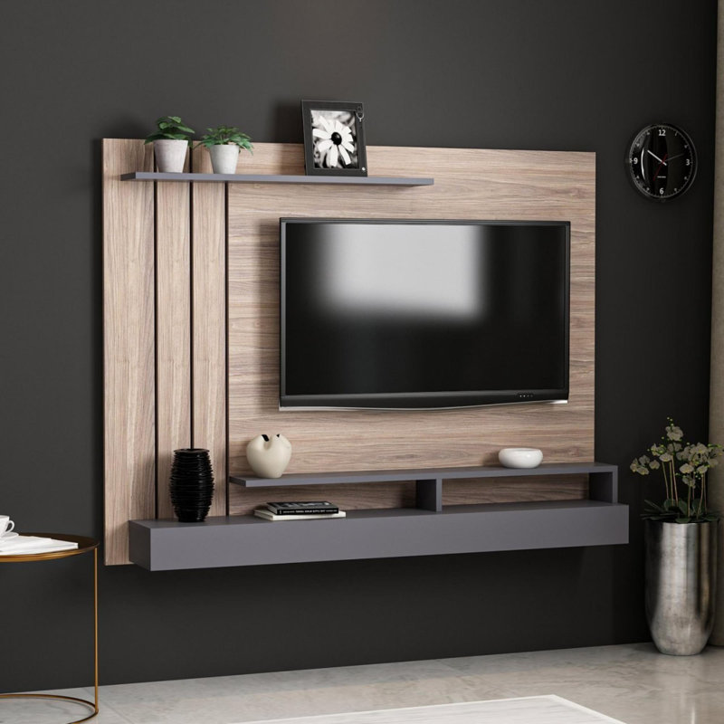 Modern TV Unit, Fume & Oak Finish, 61.8 x 47.2 x 8.3 inches | 100% Melamine Coated Particle Board, Thickness: 0.7 inches | Stylish & Functional Design Perfect for Living Room & Entertainment Spaces, Durable & Elegant