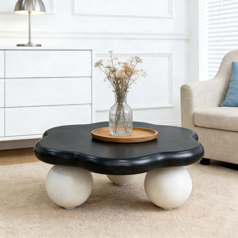 Table basse 35 "en forme de nuage, table basse minimaliste moderne en forme de pétale avec pieds sphériques, Black TOP White