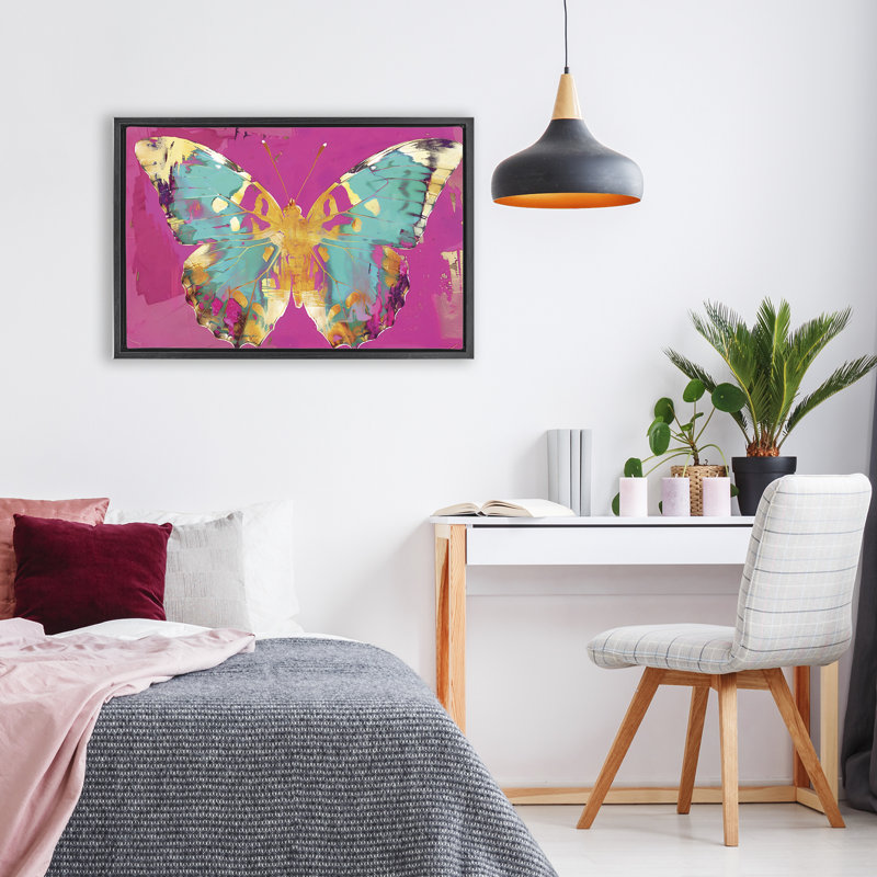 Bijou papillon sur cadre flottant rose, design par LSR Design Studio, Cadre flottant noir de jais, H 17 po x l 25 po