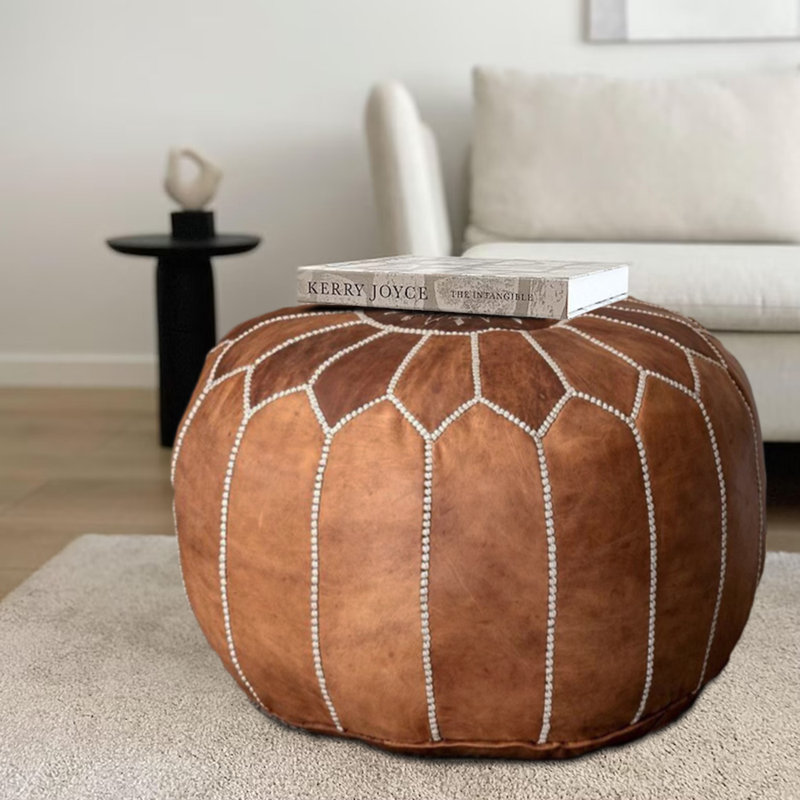 Leather Pouf, Tan Brown Genuine Leather