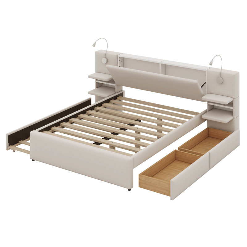 Grand lit plateforme tapissier avec tête de lit et lampes de lecture, Beige