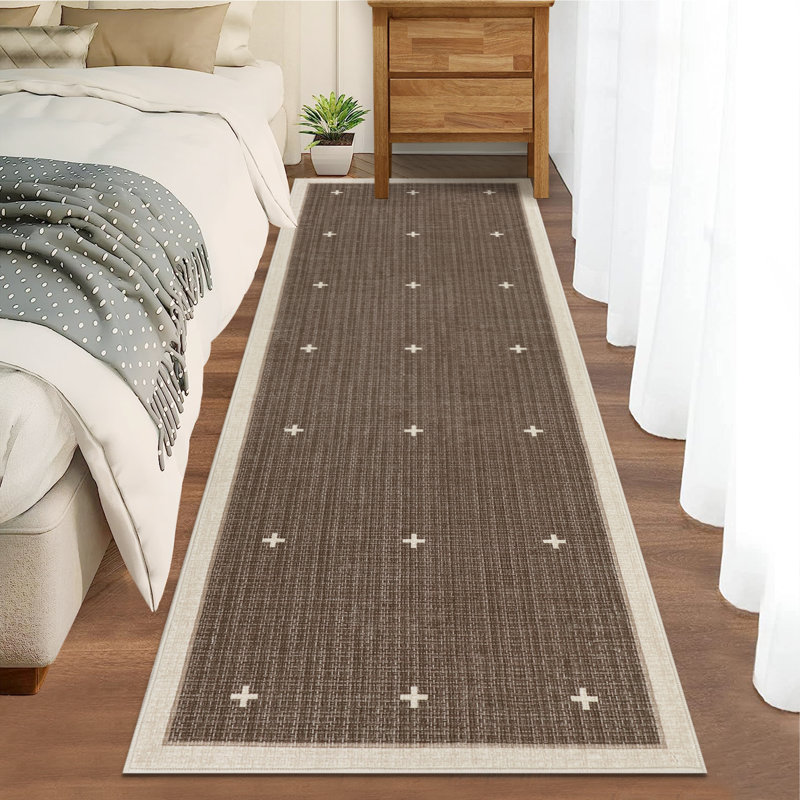 Modern Geometric Runner Rug – Bordered Jute Carpet for Hallway, Entryway, Kitchen, Bathroom, Office – Non-Slip, Low Pile, Machine Washable – Cross Dot Motifs, Tan, 2x6ft