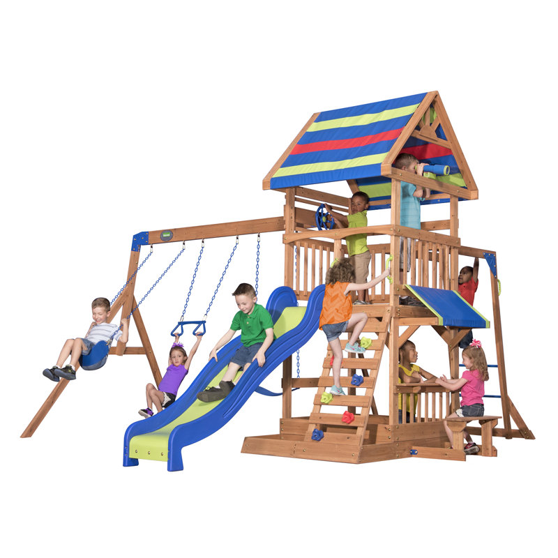 Backyard Discovery Beach Front Cedar Wood Swing Set with Play Deck, Monkey Bars, 8-Foot Wave Slide, Rock Wall Ladder & Swings