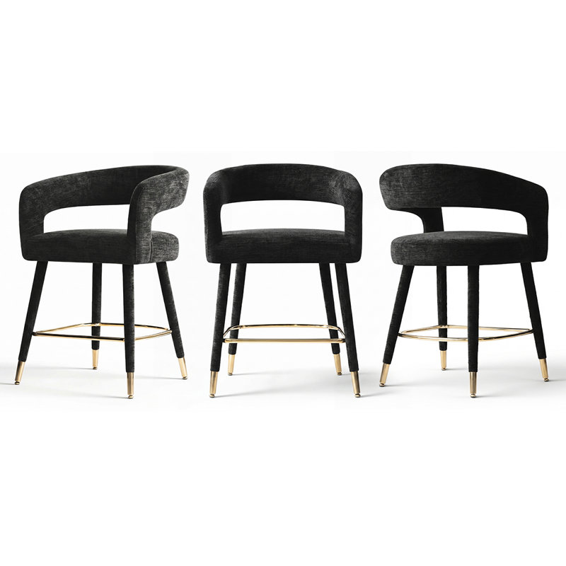 Ensemble de 3 tabourets de bar 24 po à hauteur de comptoir rembourrés avec repose-pieds doré, Noir