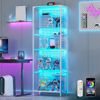 Étagère en verre DEL à 4 niveaux avec contrôle d'appli et panneau arrière - lampe sur pied avec tablettes pour objets de collection, figurines, salle de jeux, salon