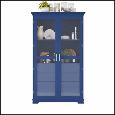 Armoire de cuisine, armoire de rangement autoportante avec portes en verre et 4 tiroirs intégrés pour le salon, le bureau personnel