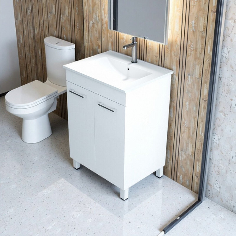 Ensemble de meuble-lavabo de salle de bain compact de 24 po avec lavabo en céramique, portes à fermeture en douceur et tablette réglable - solution de rangement tout-en-un