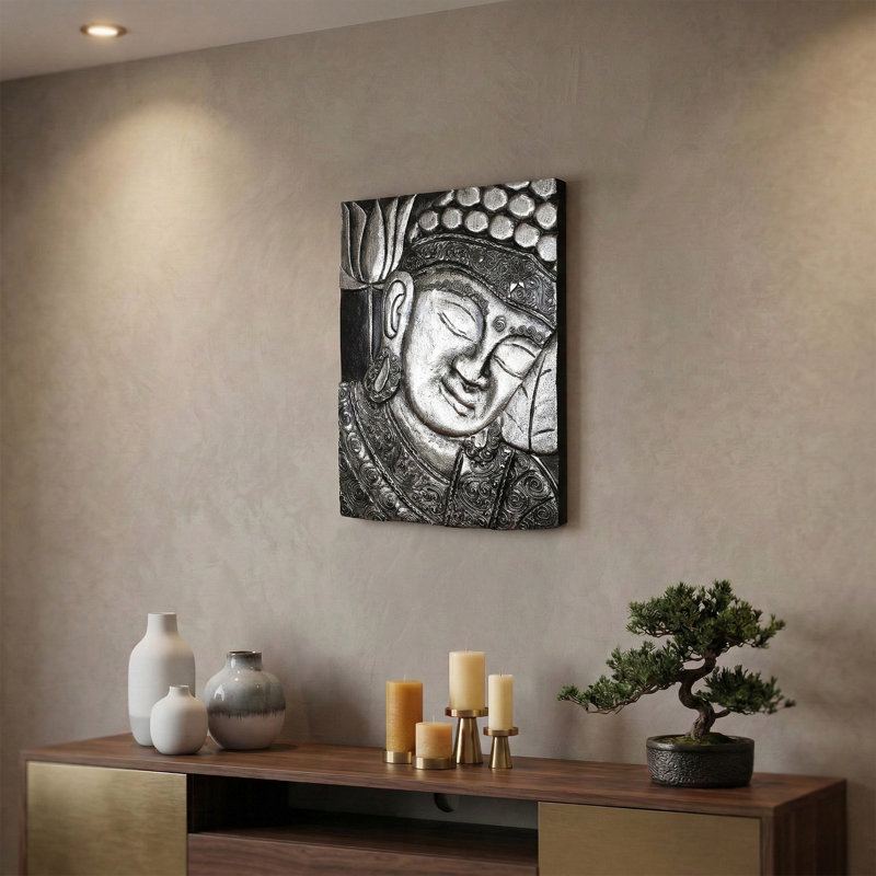 Panneau mural 16 po Bouddha argenté - relief décoratif en bois sculpté à la main, art mural Zen Spiritual, Argent argent