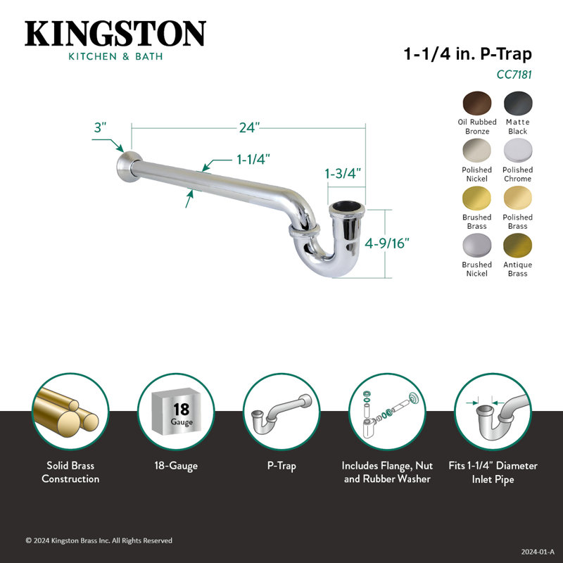 Kingston Brass Vintage 1-1/4 Inch Decor P-Trap with Bell Flange, 18 Gauge, Antique Brass, 24"