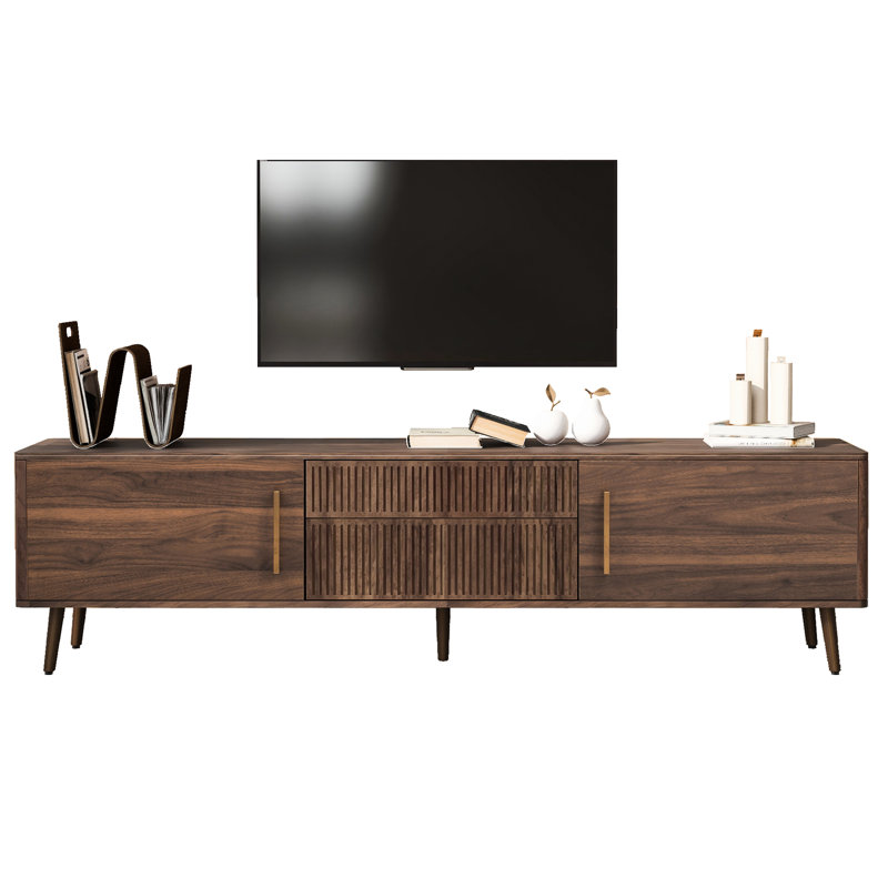 Console de 70 à 79 pouces avec 2 tiroirs, table média Mid-Century et centre de divertissement. Élément de thème rétro, support pour écrans de qualité Mid-Century en bois massif, caractéristique chic