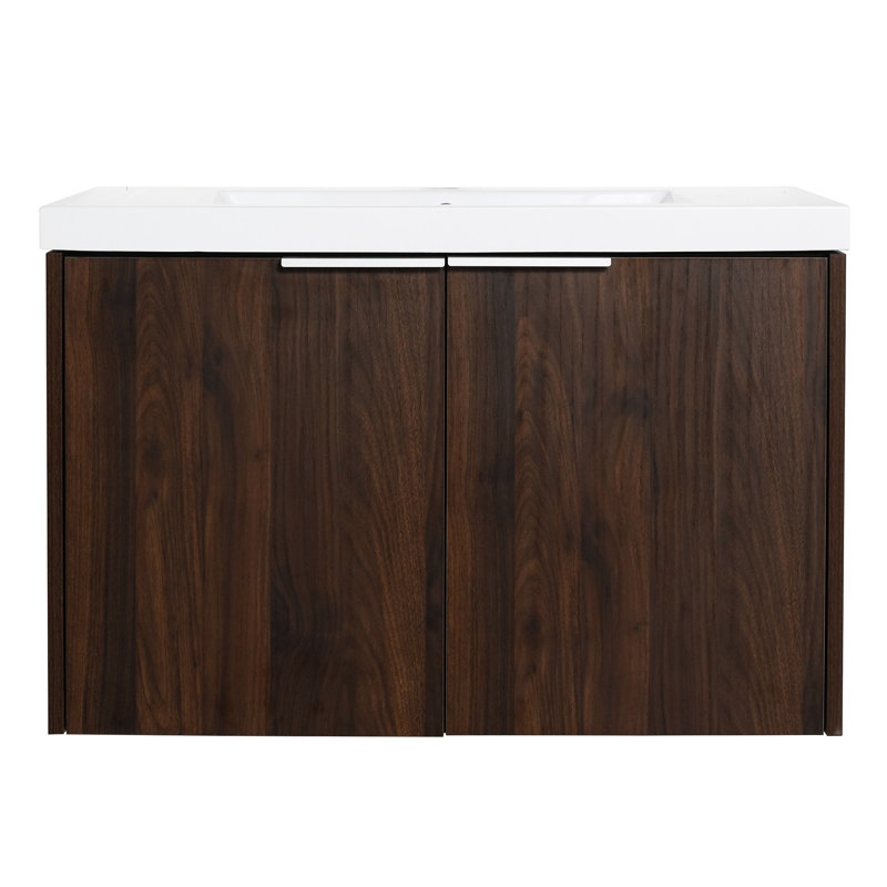Meuble-lavabo de salle de bain avec portes à fermeture en douceur, 30 po Évier mural moderne. Bassin en résine. Lavabo de porte en noyer lustré, monté, flair, bassin, options de rangement abondantes,