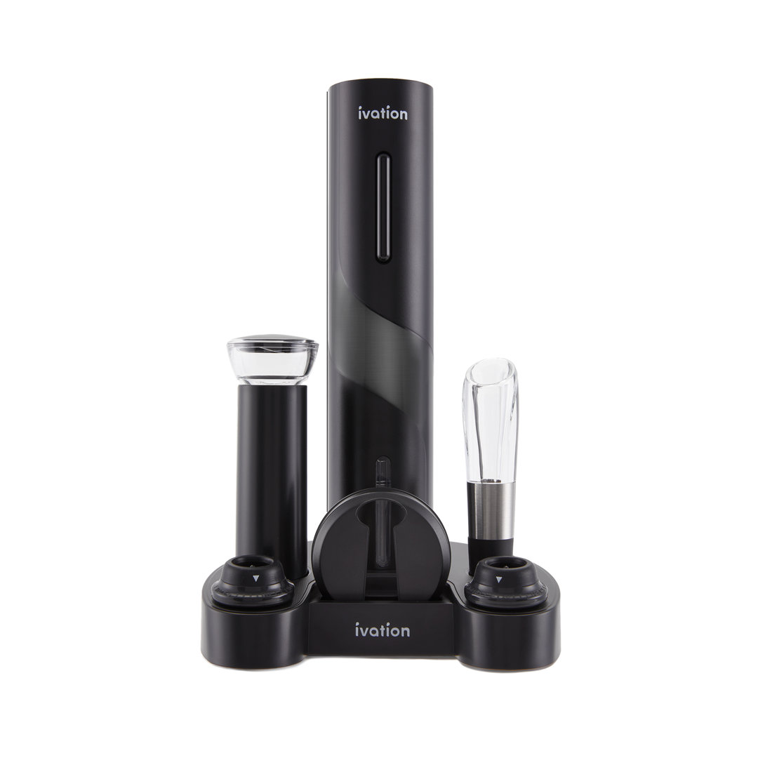 Ivation 7-Piece Wine Gift Set | Wine Accessory Kit With Battery-Operated Automatic Electric Bottle Opener, Wine Aerator Pourer, Wine Preserver Pump, 2 Reusable Cork Stoppers, Foil Cutter & Base Stand Ivation