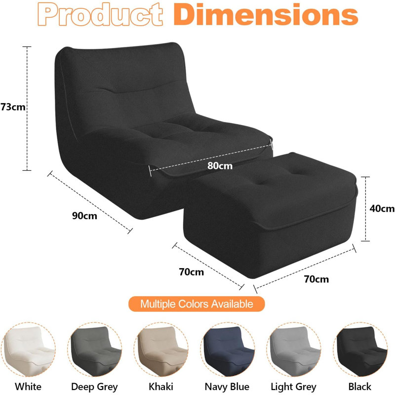 HDHNBA Oversized Faux Fur Bean Bag Chair With Matching Ottoman Ergonomic Indoor Lounge Furniture, Black